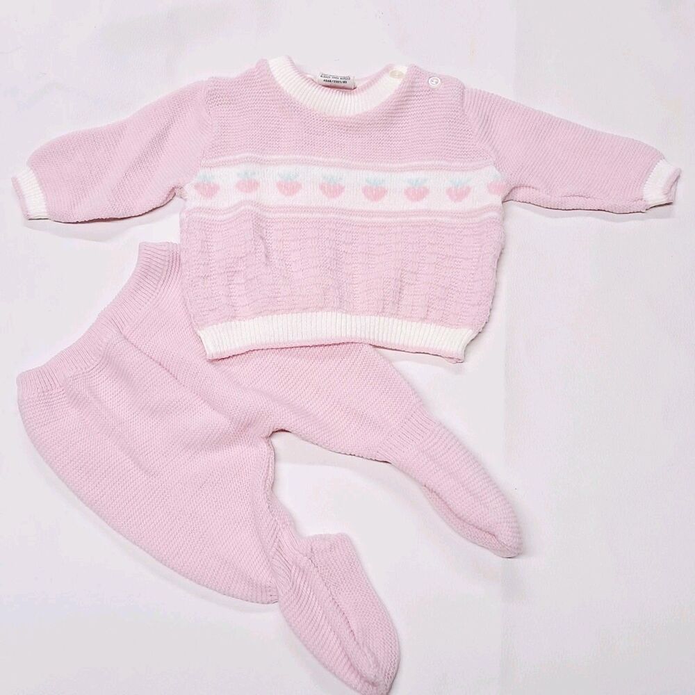 Vtg 80s Granny Sweater Pink Knit Footed Pants Outfit Baby 3-6 M Set Strawberry